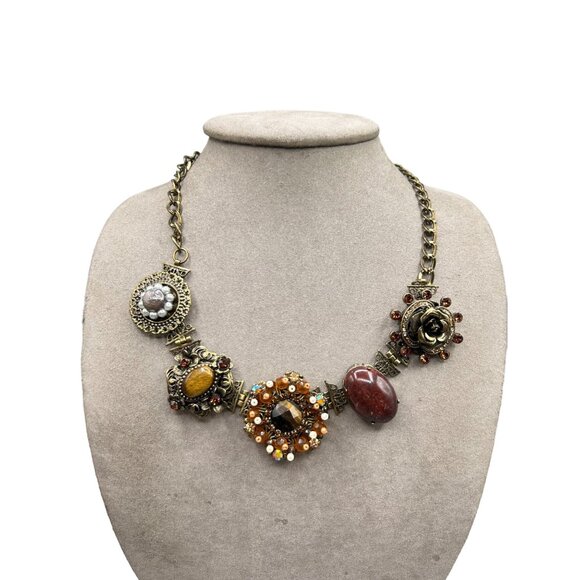 Signed BJV Vintage Style Necklace Assemblage Floral Crystals Statement Jewelry - Picture 1 of 9